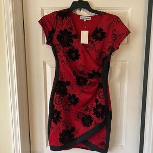 Red Asian-style faux wrap dress with flowers. NWT.